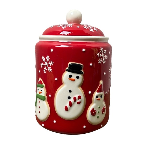Hallmark Snowman Holiday Snowflake Red Ceramic Christmas Cookie Jar - Picture 1 of 13